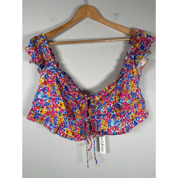 For Love & Lemons Sasha Floral Cropped Top In Blue Multi Size L Tie Front Flirty - Picture 2 of 10